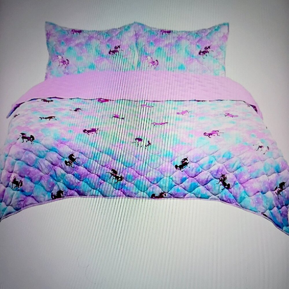 NWB/Kids Rule 2pc.  Pink And Blue Cotton Candy Twin Quilt With Metallic Unicorns